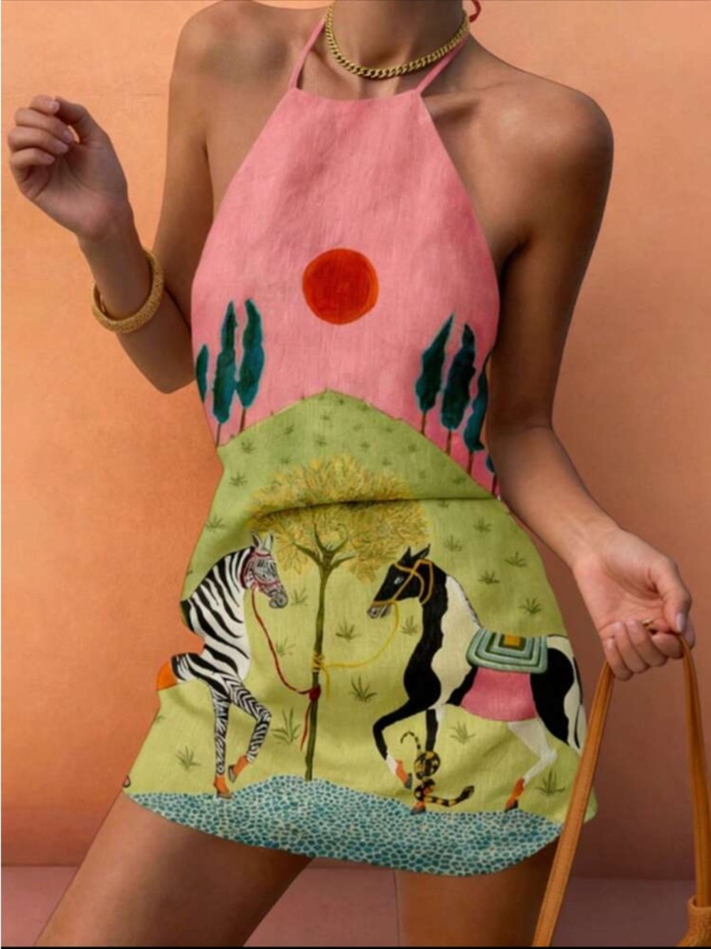 Multicolor Halter Mini Dress with Animal Print